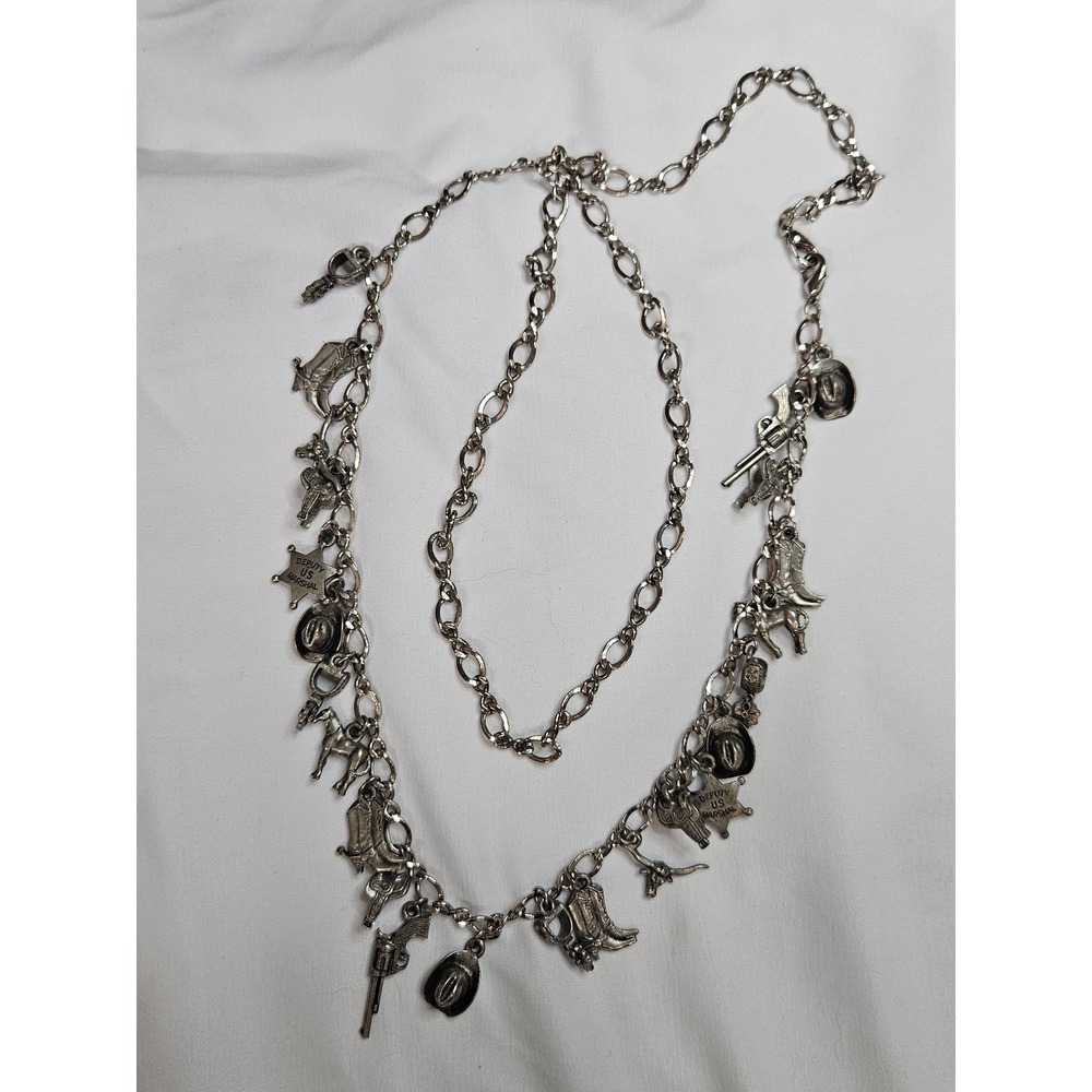 Western Charm Chain Belt Silver Tone Cowboy Boot Hat Horse Deputy Marshal 38in